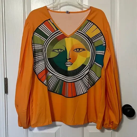 Uoozee Boho Abstract Artsy Sun Face Graphic Orange V Neck Balloon Sleeve Top - Picture 3 of 9